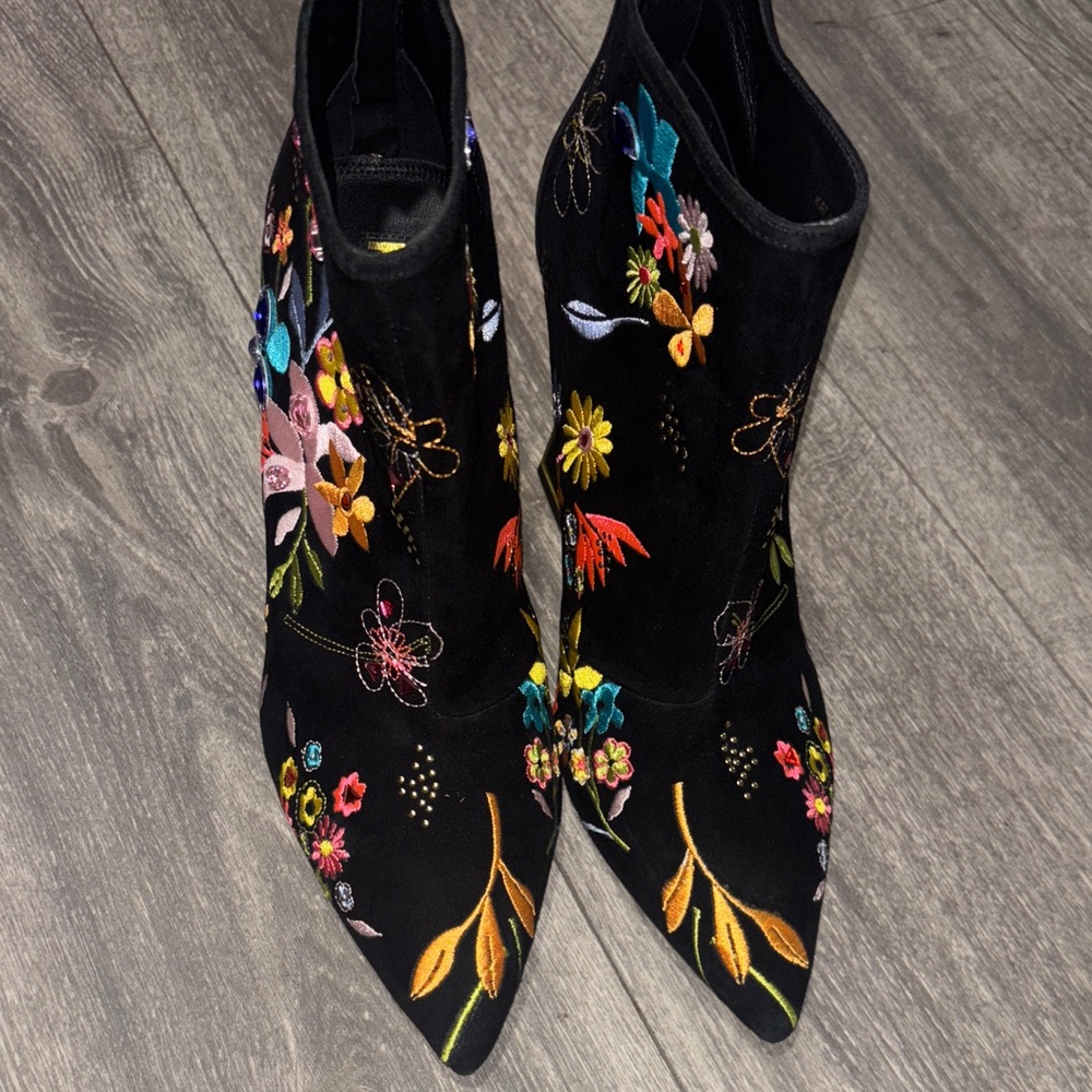 Kat Maconie Embroidered Floral Black Heeled Boots